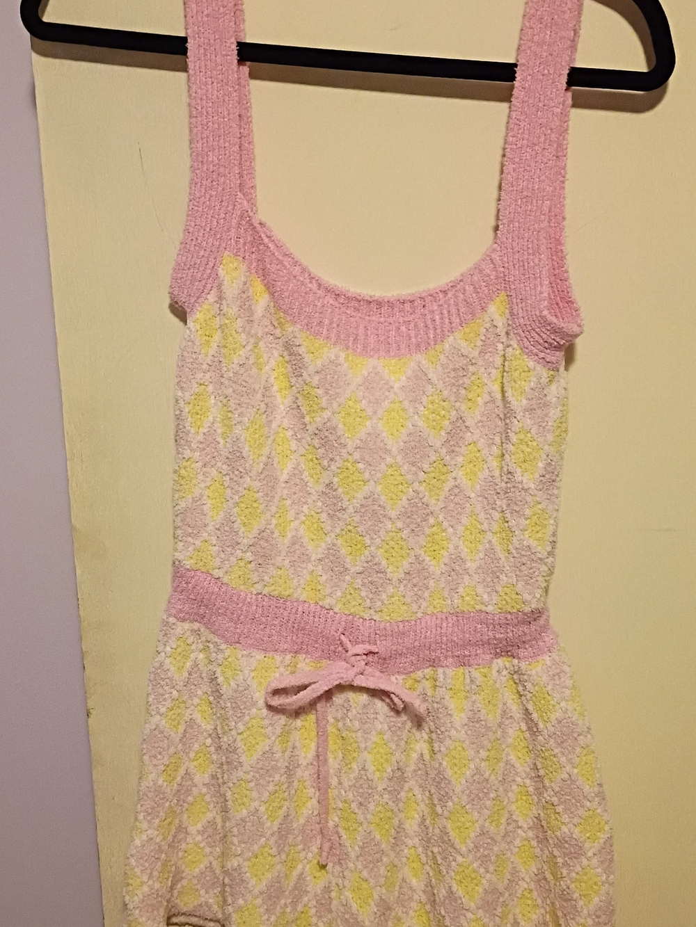The Free People Pink Yellow White Diamond Knit Bow Romper M